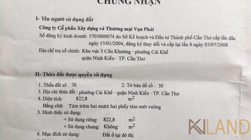 Giấy đất nền GÓC 822m2 mặt tiền đường Nguyễn Văn Cừ khu biệt thự Cồn Khương khoanamland8